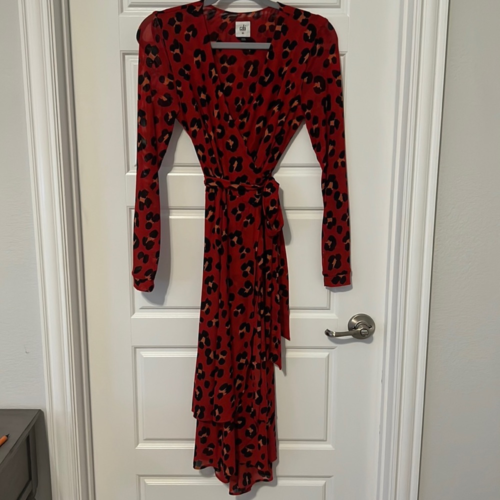 Cabi Red Leopard Print Wrap Midi-Length Dress - image 1